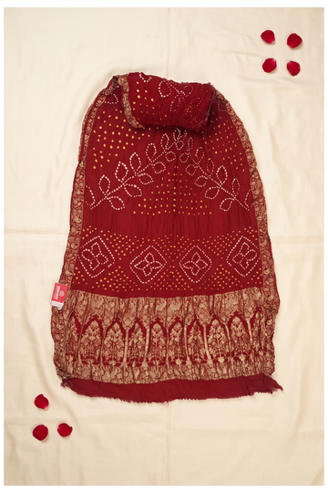 Maroon Bandhni Gajji Silk Mehendi Saree