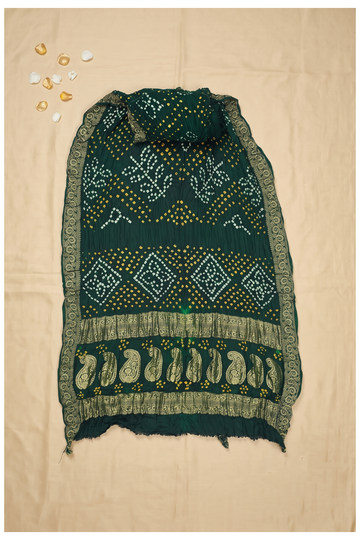Bottle Green Bandhni Gajji Silk Mehendi Wedding Saree