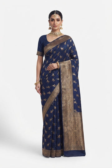Elegant Navy Blue Silk Saree With Traditional Gold Zari Brocade Border