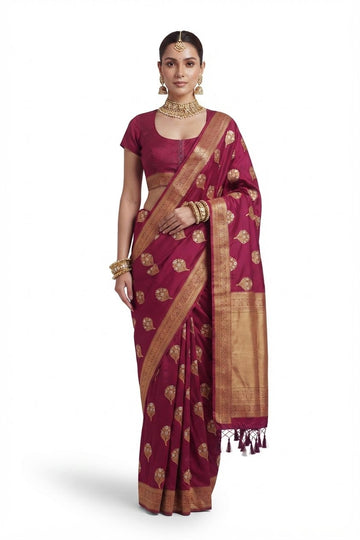 Elegant Wine Magenta Banarasi Silk Saree With Golden Zari Weaving And Tassels