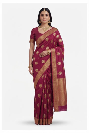 Elegant Wine Banarasi Silk Saree With Golden Zari Woven Motifs And Tassel Detail