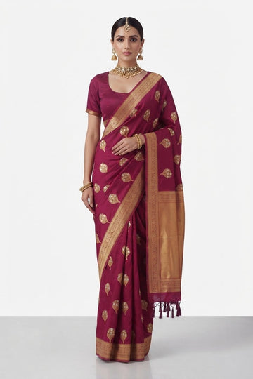 Elegant Wine Magenta Banarasi Silk Saree With Golden Zari Weaving