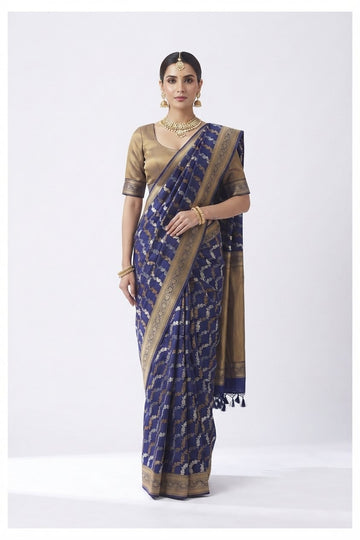 Elegant Royal Blue Banarasi Silk Saree With All-Over Gold Zari Weaving And Tassel Details