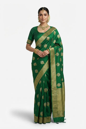 Elegant Emerald Green Art Silk Saree With Golden Zari Weaving And Tassels