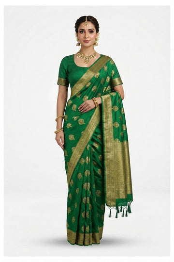 Elegant Emerald Green Banarasi Silk Saree With Rich Gold Zari Leaf Butas