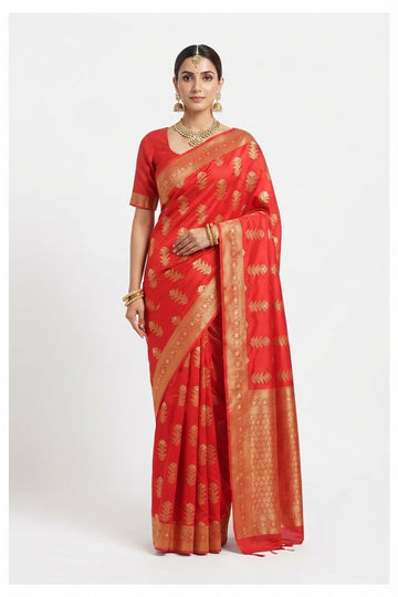 Elegant Red Silk Blend Banarasi Saree With Gold Zari Leaf Motifs