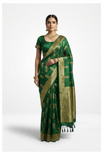 Elegant Emerald Green Art Silk Saree With Traditional Gold Zari Work