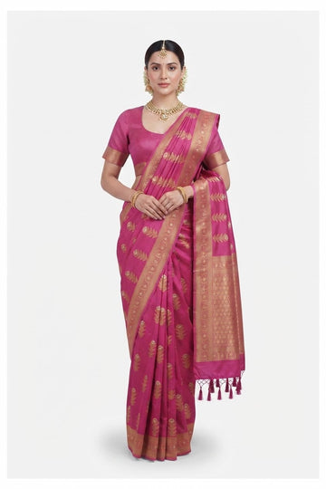 Elegant Fuchsia Pink Silk Saree With Traditional Golden Zari Motifs