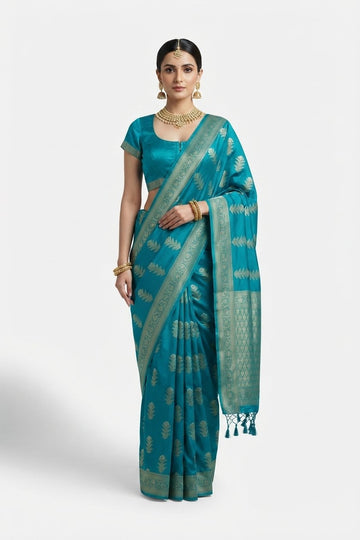 Teal Blue Banarasi Silk Saree With Golden Zari Leaf Motifs And Elegant Pallu