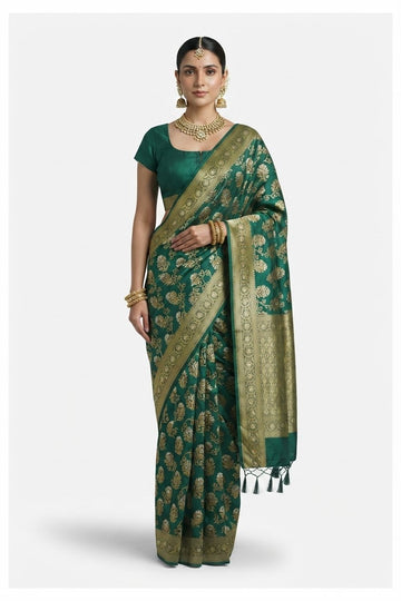 Elegant Teal Green Silk Blend Saree With Ornate Golden Zari Weaving And Tassels