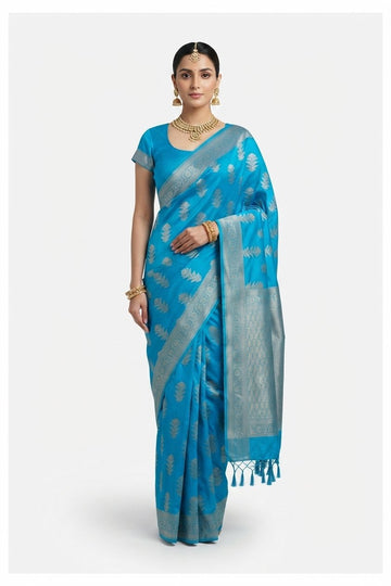 Elegant Turquoise Blue Silk Blend Saree With Silver Zari Woven Motifs