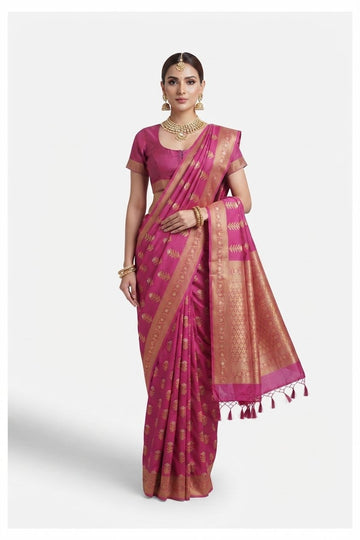 Elegant Magenta Pink Banarasi Art Silk Saree With Woven Zari Bootas And Floral Border