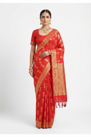 Elegant Red Silk Saree With Traditional Gold Zari Motifs And Tasseled Pallu