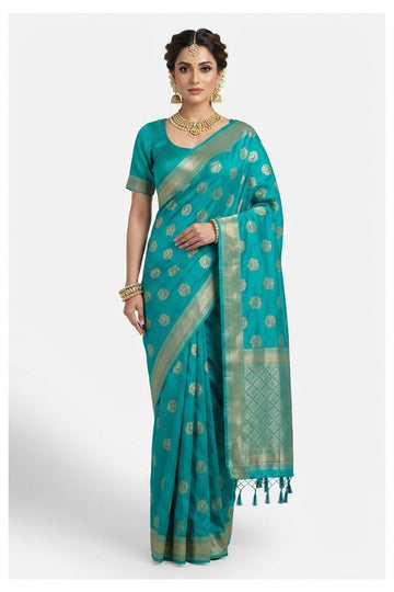Elegant Teal Blue Banarasi Art Silk Saree With Golden Zari Booti Work