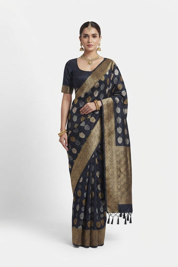 Elegant Navy Blue Banarasi Silk Saree With Gold And Silver Zari Buta Work