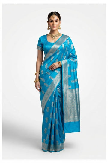 Elegant Turquoise Blue Silk Saree With Silver Zari Woven Motifs And Ornate Border
