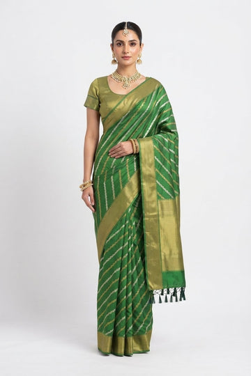 Elegant Emerald Green Silk Saree With Diagonal Zari Stripes