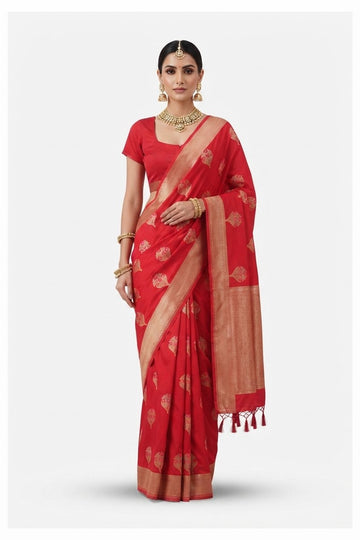 Elegant Red Banarasi Silk Saree With Golden Zari Buta Weaving