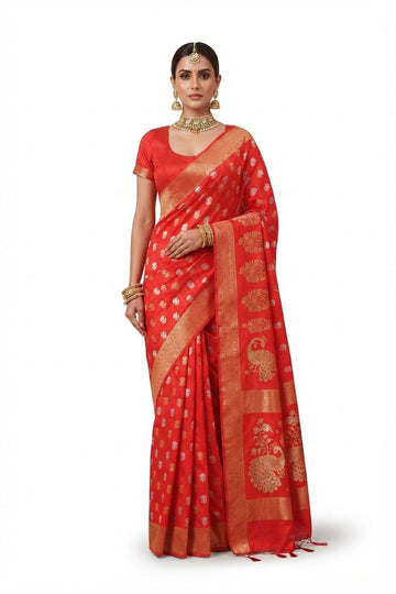 Elegant Red Banarasi Silk Saree With Gold Zari Weaving And Peacock Pallu
