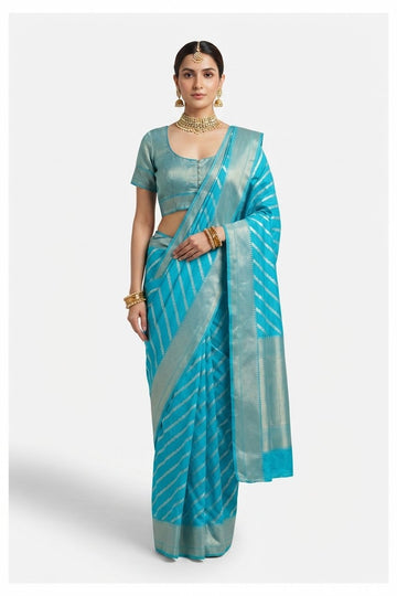 Elegant Turquoise Blue Silk Saree With Woven Zari Diagonal Stripes