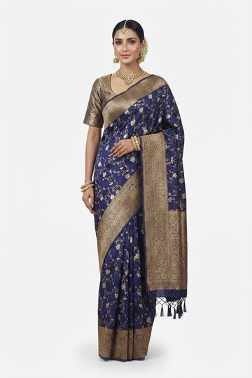 Elegant Navy Blue Banarasi Silk Saree With Golden Zari Floral Jaal