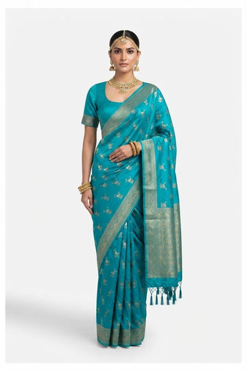 Elegant Teal Blue Art Silk Saree With Traditional Gold Zari Floral Butis And Ornate Border