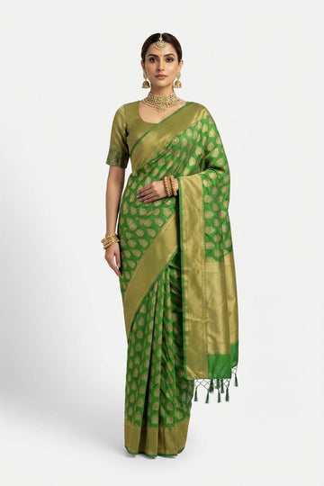 Elegant Green Banarasi Silk Saree With Golden Zari Leaf Motifs