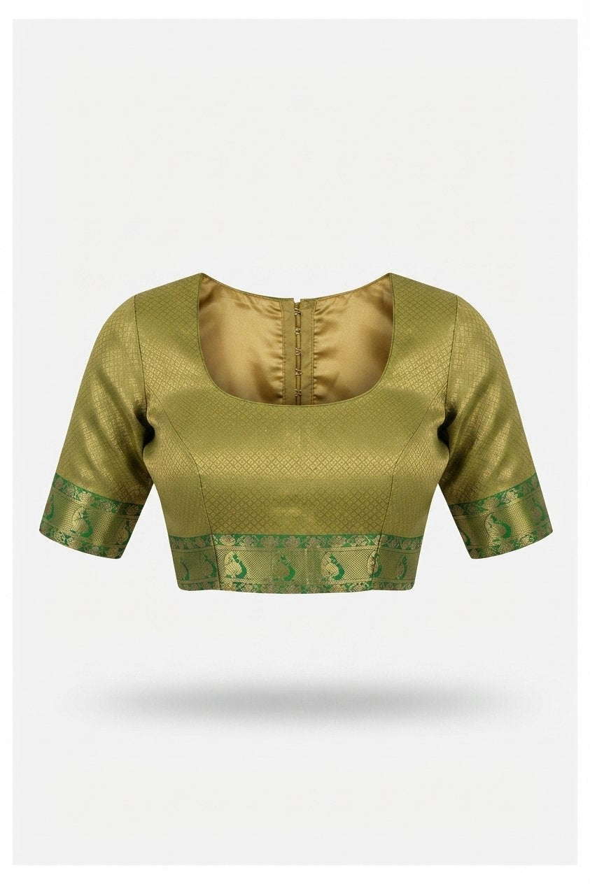 Elegant Green Banarasi Silk Saree With Golden Zari Leaf Motifs