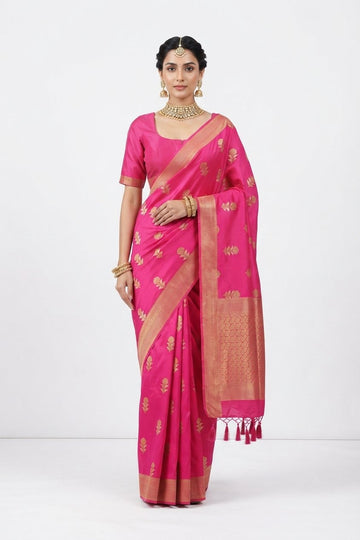 Elegant Rani Pink Banarasi Art Silk Saree With Golden Zari Floral Motifs