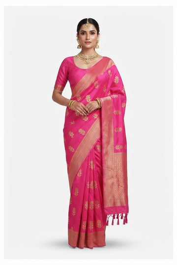 Elegant Rani Pink Art Silk Saree With Golden Zari Floral Butis