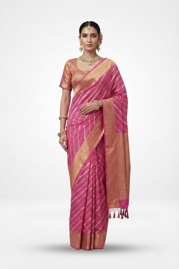 Elegant Pink Leheriya Silk Blend Saree With Rich Zari Border