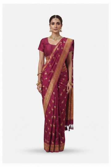 Elegant Magenta Wine Art Silk Saree With Golden Zari Floral Buti And Woven Border