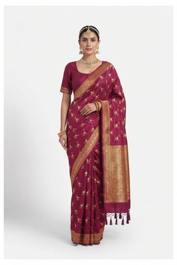 Elegant Magenta Silk Saree With Gold Zari Floral Butis