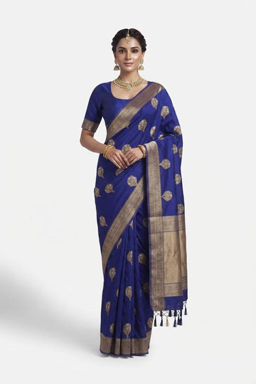 Elegant Royal Blue Banarasi Art Silk Saree With Golden Zari Weaving And Tassels