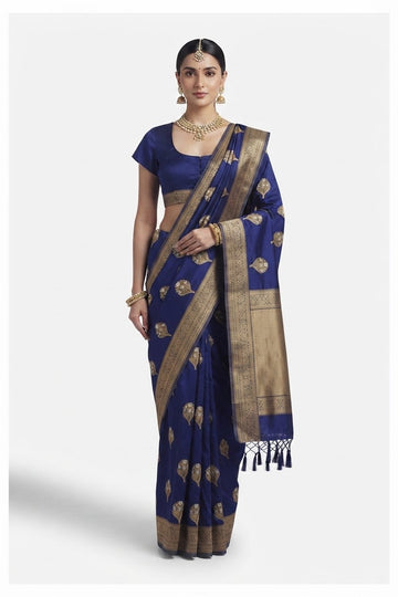 Royal Blue Banarasi Silk Saree With Elegant Gold Zari Leaf Motifs