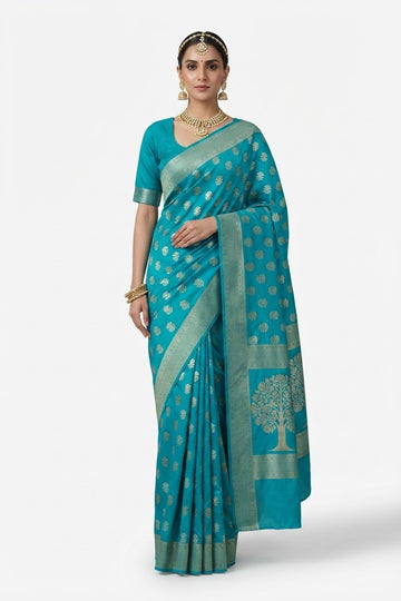 Elegant Teal Blue Banarasi Silk Saree With Gold Zari Bootis And Tree Of Life Pallu
