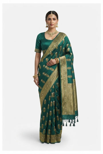 Elegant Emerald Green Banarasi Art Silk Saree With Intricate Gold Zari Weaving
