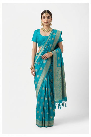 Elegant Turquoise Blue Silk Saree With Gold Zari Tree Motifs