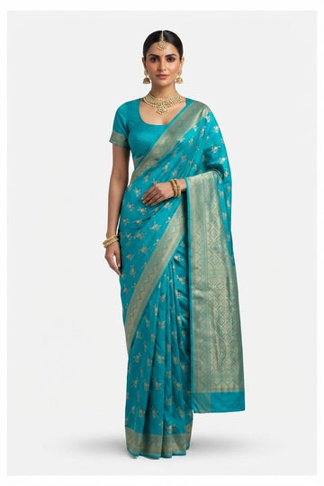 Elegant Teal Blue Banarasi Silk Saree With Golden Zari Floral Motifs