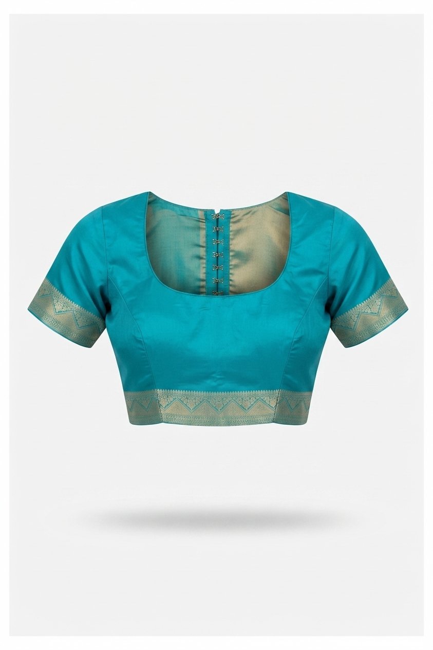 Elegant Teal Blue Banarasi Silk Saree With Golden Zari Floral Motifs