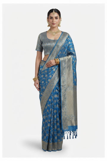 Elegant Blue Banarasi Silk Saree With Zari Weaving And Tassels