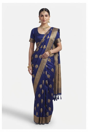 Elegant Royal Blue Silk Saree With Rich Gold Zari Weaving And Tassel Accent