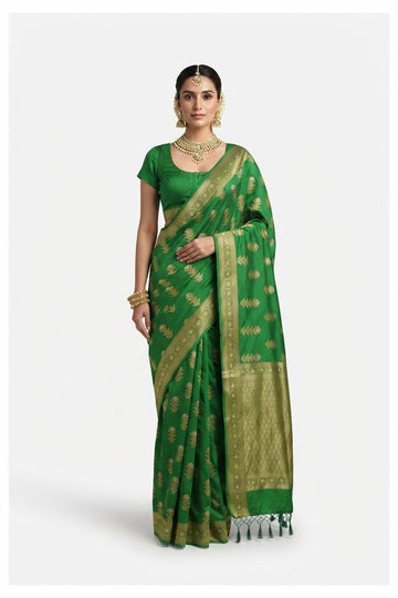 Elegant Emerald Green Banarasi Art Silk Saree With Golden Zari Buta Work