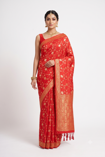 Elegant Red Banarasi Silk Saree With Intricate Gold Zari Floral Jaal And Tassels