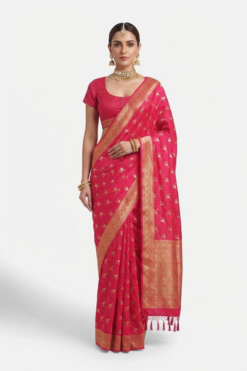 Elegant Rani Pink Banarasi Art Silk Saree With Gold Zari Woven Motifs And Tassels