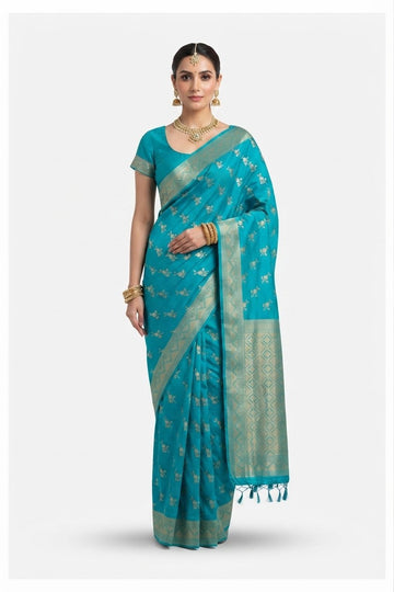 Elegant Teal Blue Silk Blend Saree With Gold Zari Floral Butis And Tassels