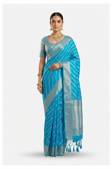 Elegant Turquoise Blue Silk Saree With Silver Zari Leheriya Stripes And Border
