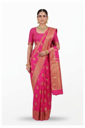 Elegant Rani Pink Banarasi Silk Saree With Gold Zari Floral Butas