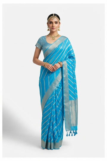 Elegant Sky Blue Silk Saree With Silver Zari Leheriya Stripes