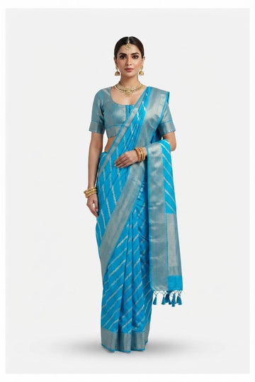 Elegant Turquoise Blue Banarasi Silk Leheriya Saree With Silver Zari Border